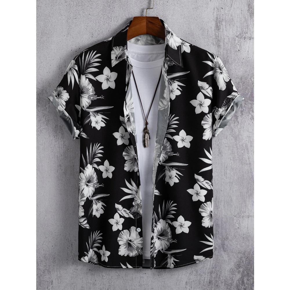 Tropical Coconut Tree Pattern Men's Short Sleeve Button Down Lapel Shirt For Summer Resort Holiday Hawaiian Style Oversized Tops