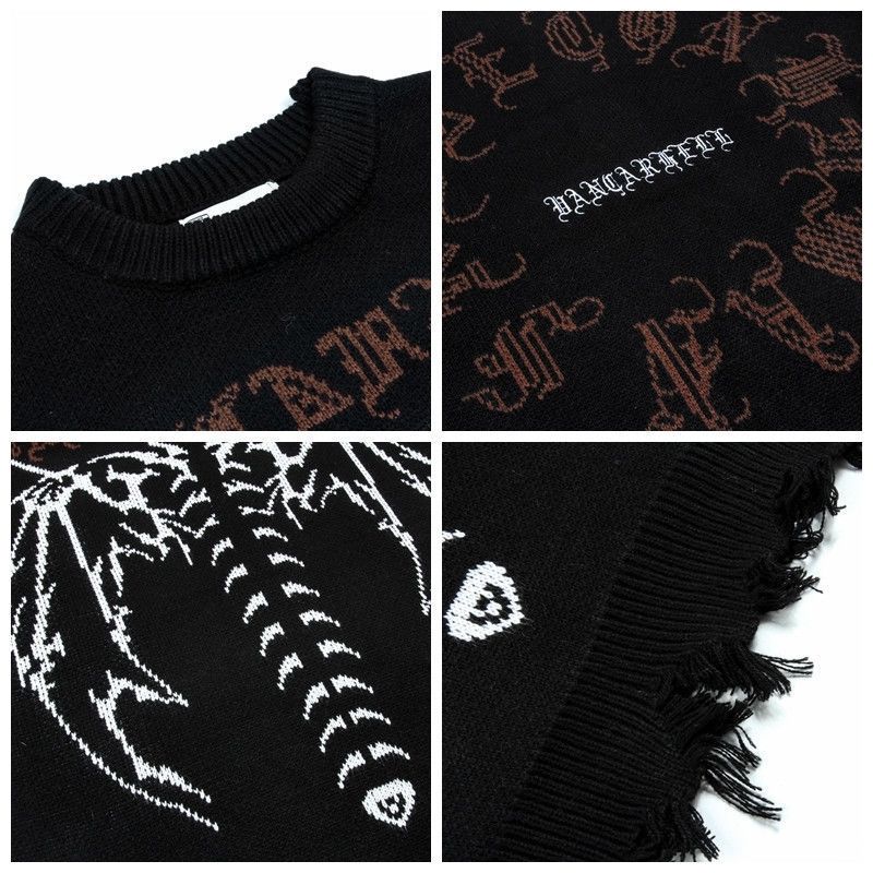 Goth Oversize Knitted Sweater Women Grunge Streetwear Black Graphic Pullover Gothic Grey Y2k Long Sleeve Top Winter