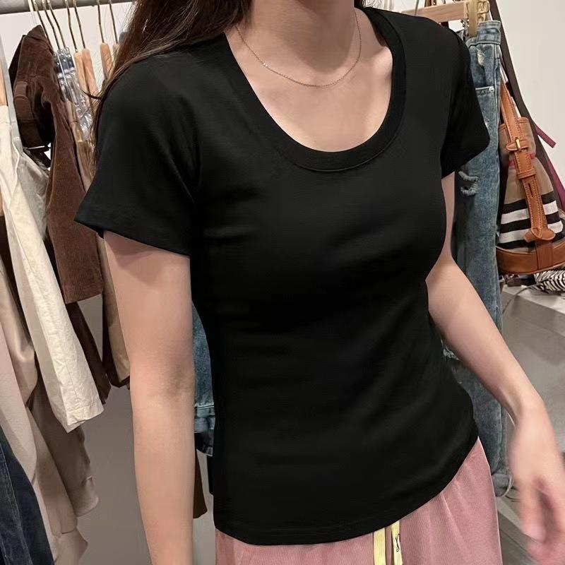 American Slim-fit Short-sleeved Inner with New Round Neck Front Shoulder Hong Kong Flavor Top Design Sense-shirt Women