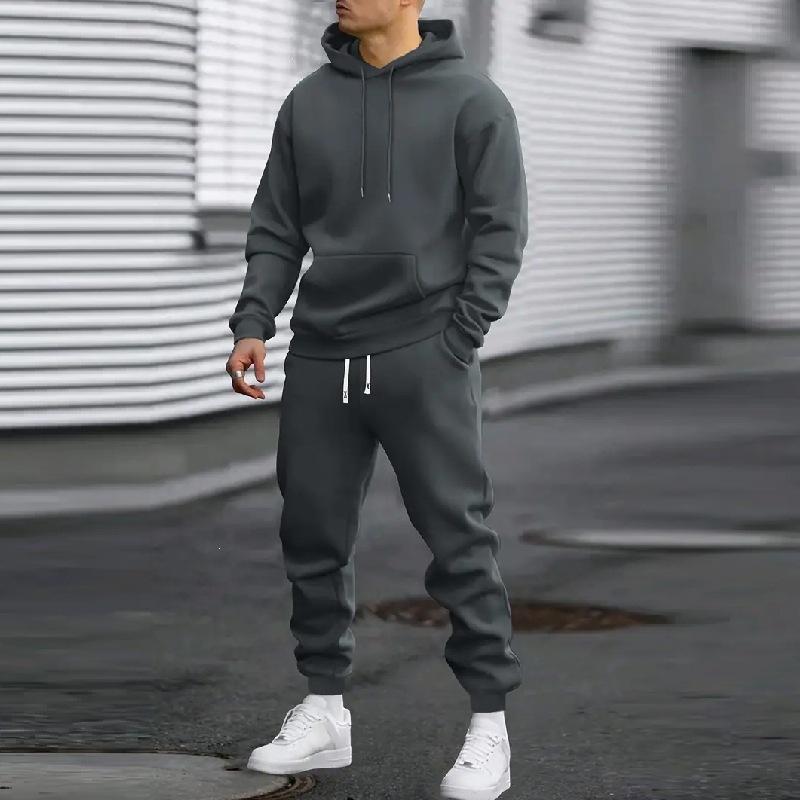 Autumn and winter new men's hooded sweater set solid color sports and leisure set hoodie two-piece set