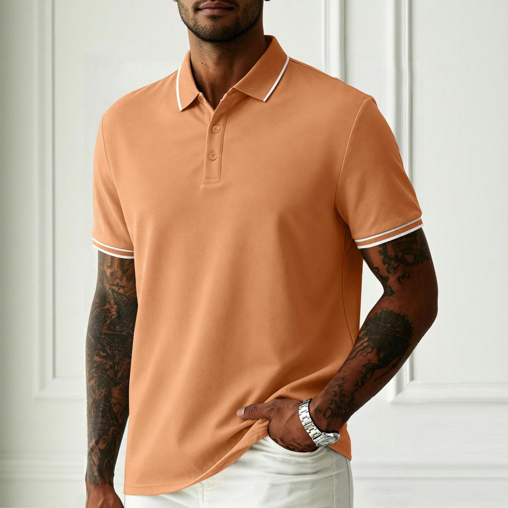 Męska Letnia Koszulka Polo Krótki Rękaw Biznesowa Casual Dopasowany Krój Koszula z Kołnierzykiem Plisa na Guziki Lekka Oddychająca Tkanina