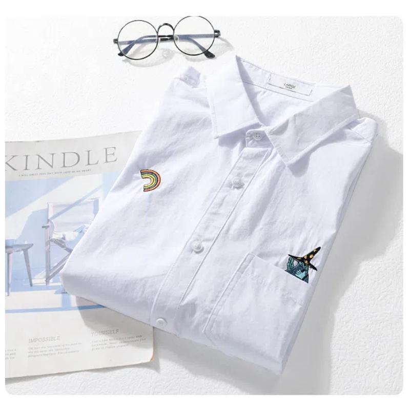 Summer Fashion Men Shirts Short Sleeve White Shirt Youth Streetwear Embroidery Funny Shirt Lapel Collar Pure Cotton Casual Tops with Pocket