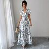 Spring and Summer New Printed Lotus Leaf Edge V-neck Sexy Slim and Thin Long Dress Dress