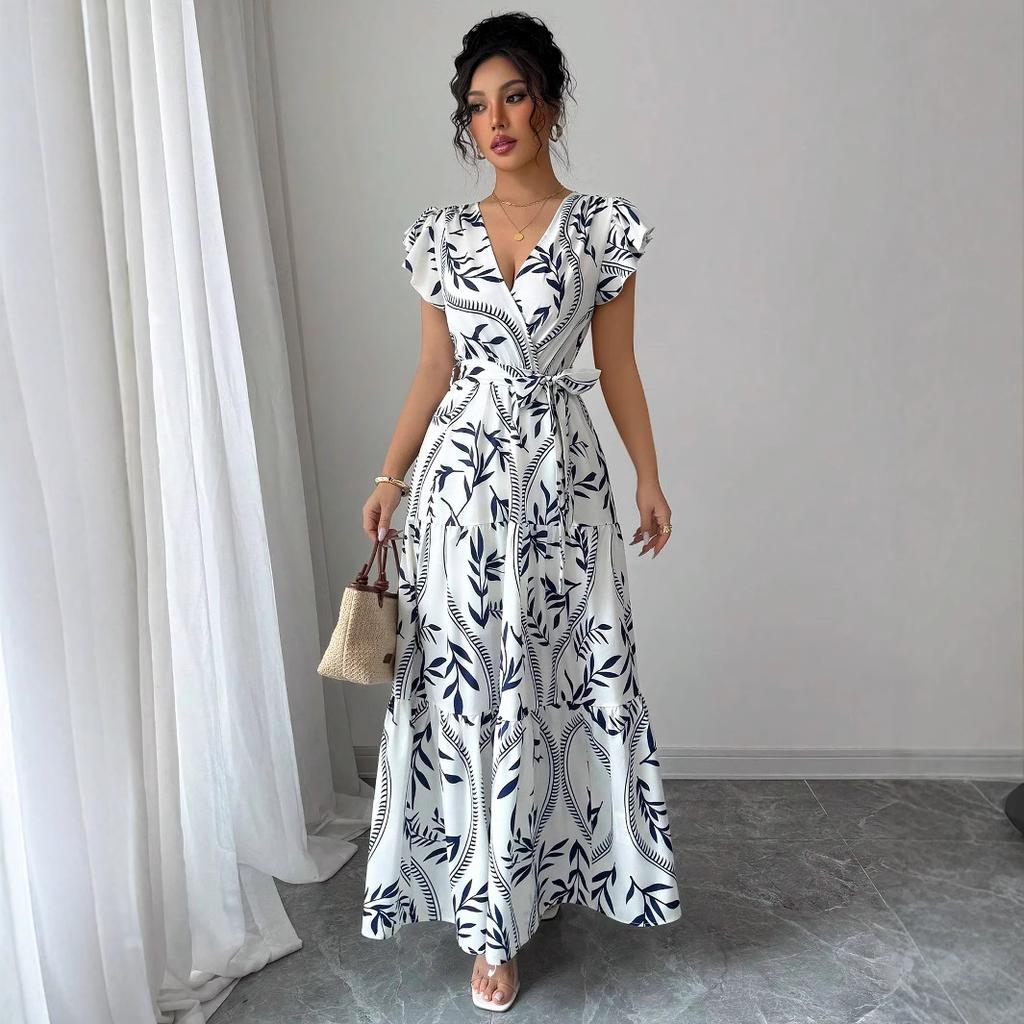 Spring and Summer New Printed Lotus Leaf Edge V-neck Sexy Slim and Thin Long Dress Dress