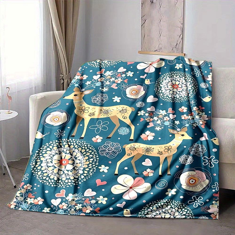 1pc Deer Floral Lightweight Flannel Blanket, Comfortable and Warm Blanket, for Office and Camping Sofa Bed, Livingroom108