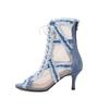 Fashion Women's New European and American Denim Mesh Spring/Summer Lace Lace Lace High Heel Size Open Toe Fish Mouth Cool Boots