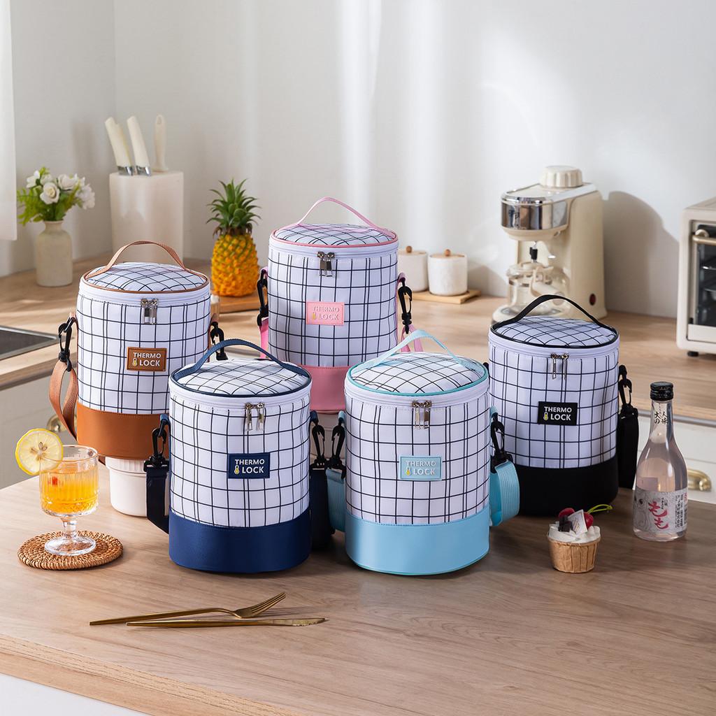 Cylindrical Simple Heat Preservation Bento Bag With Grid Design And Letter Print