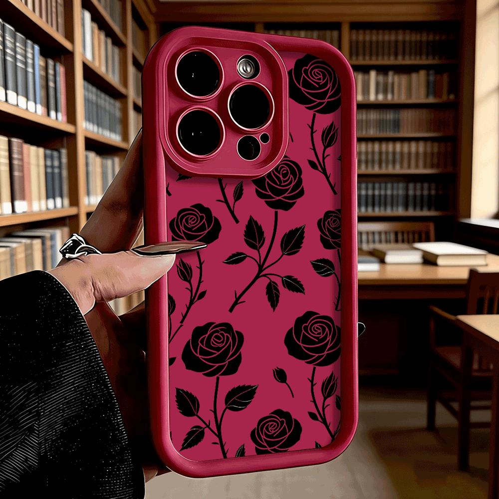 Schwarzes Rosenmuster Weiche TPU-Handyhülle für iPhone 17 16 15 14 13 12 11 Pro Max Plus Stoßfeste Anti-Rutsch-Abdeckung