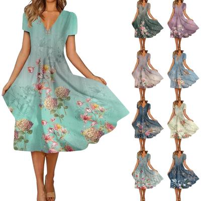 Women's Fashion And All-match Summer Temperament V-neck Printed Short-sleeved Dress