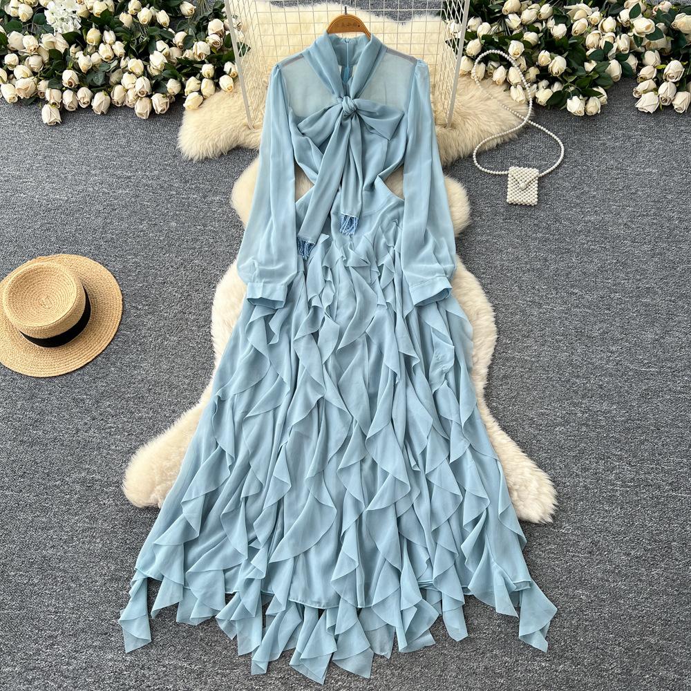 French light luxury socialite bow lace-up long-sleeved waist ruffle edge dress women's autumn thin elegant long dress