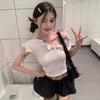 [Pure Cotton] Three-dimensional Bow Oblique Off-shoulder Short-sleeved T-shirt Women's New Slim-fit American Top Trendy