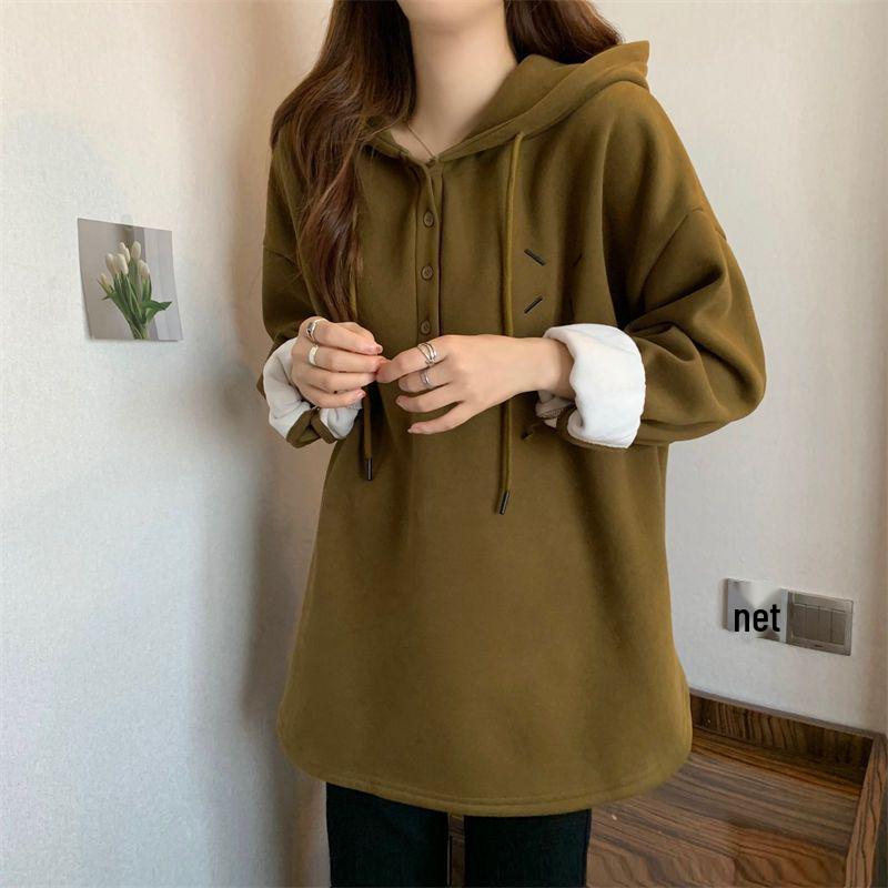 Women's Double-Sided Fleece Hooded Button-Up Loose Long-Sleeve T-Shirt, Slimming Trendy Top - Autumn/Winter 2025