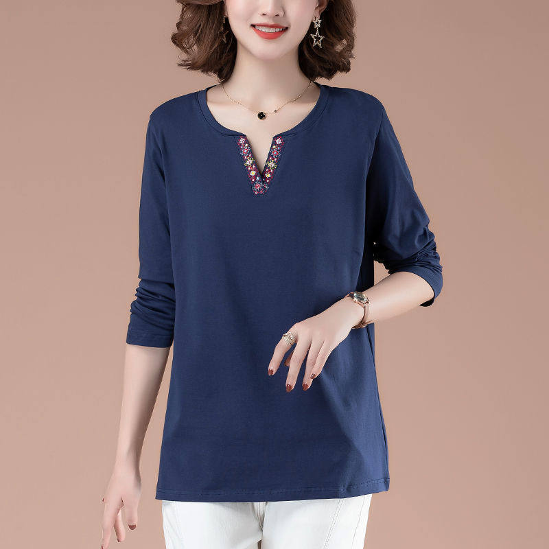 

Новая женская футболка с длинным рукавом, V-образным вырезом, в зарубежном стиле, свободная, для среднего и пожилого возраста, нижняя рубашка, свободный топ, закрывающий живот 4XL 180-100kg синий