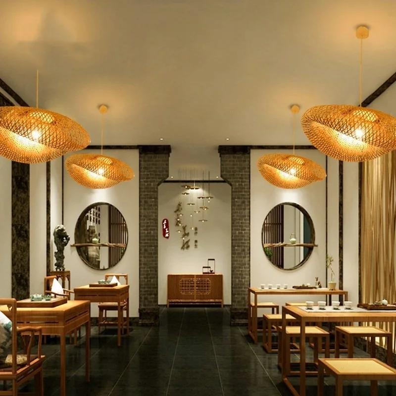 36CM Led Pendant Lamp B&B Chandelier Bamboo Weaving Light for Living Room Dining Handmade Modern Art Bamboo Lampshade Restaurant