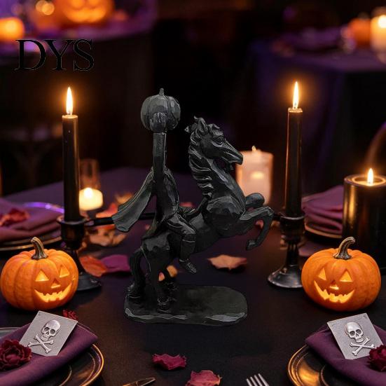 Unique Dark Atmosphere Ornaments Headless Horseman Holding Pumpkin Statue, Matte Black Halloween Resin Figurine, Spooky Table Centerpiece Gothic