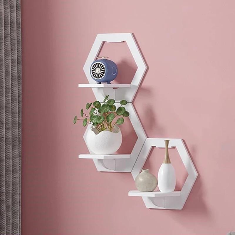Hexagon Punch Free Wall Display Stand Flower Pot Holder Wall Shelf for Home TV Background Decor