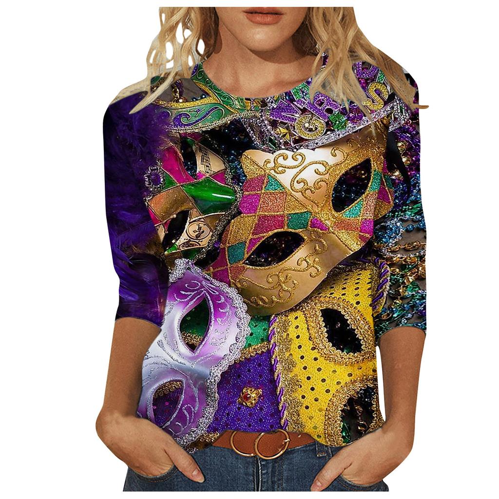Long Sleeved Glamorous Mask Patterned Top Carnival Themed Printed Women's T-shirts