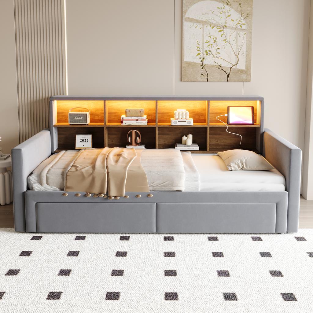 Pull-Out Upholstered Sofa Bed 90/180 X 190 Cm, Headboard with Storage, LED Strip, Charging Sockets, Two Drawers, Slatted Frame, Velvet Dark Grey