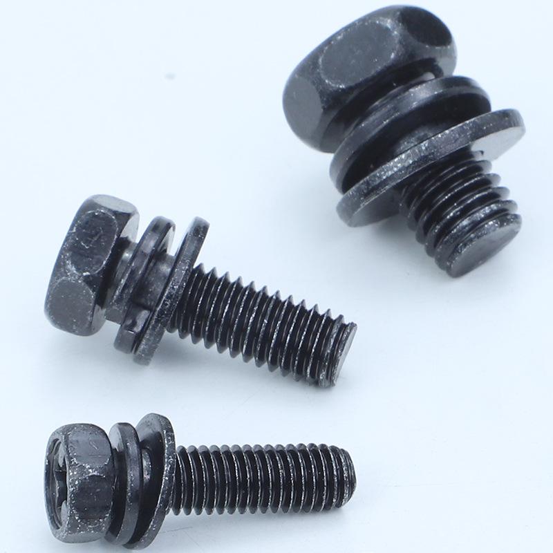 Iron-Plated Black Zinc Recessed Phillips Drive Hex Flange Screw, Three-Piece, M5/M6/M8/M10 Sizes