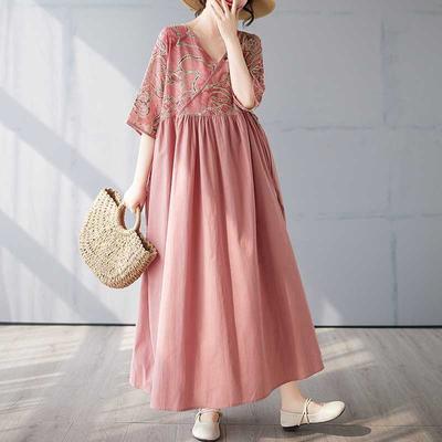 Cotton and Linen Patchwork Retro Style Dress, Long Skirt