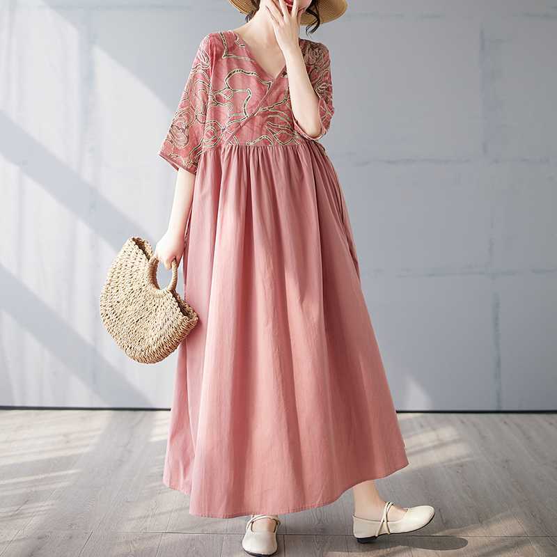 Cotton and Linen Patchwork Retro Style Dress, Long Skirt