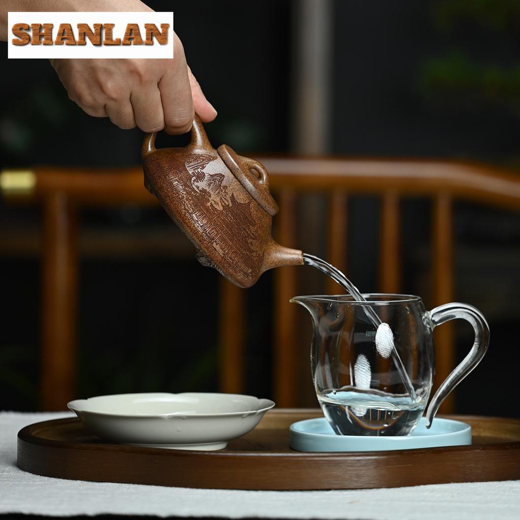 300ML Luxury Yixing Purple Clay Teapots Handmade Stone Scoop Pot Raw Ore Wood-fired Porcelain Section Mud Kettle Zisha Tea Set
