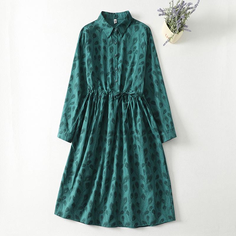 2026 Spring Mori-style Floral Lace-up Waist-cinching Slim Cotton Linen Long-sleeve Dress XL