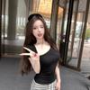 Black Diagonal Neck Short-sleeved Front Shoulder T-shirt Women's Summer New Slim-fitting Waist Design Spice Girl Slim Top