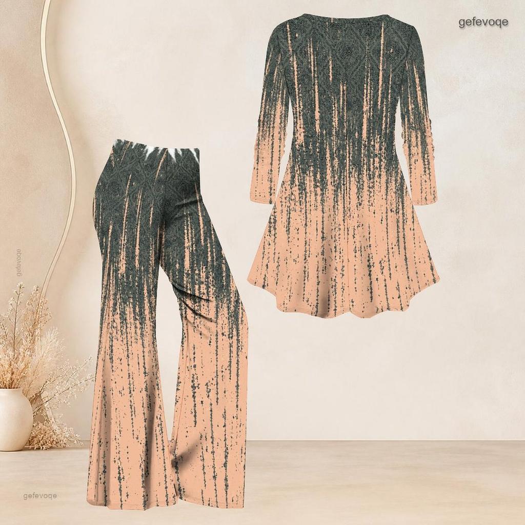 Women Plus Size Round Neck Three Quarter Sleeve Printed Flared Top And Flared Pants Two Piece Set