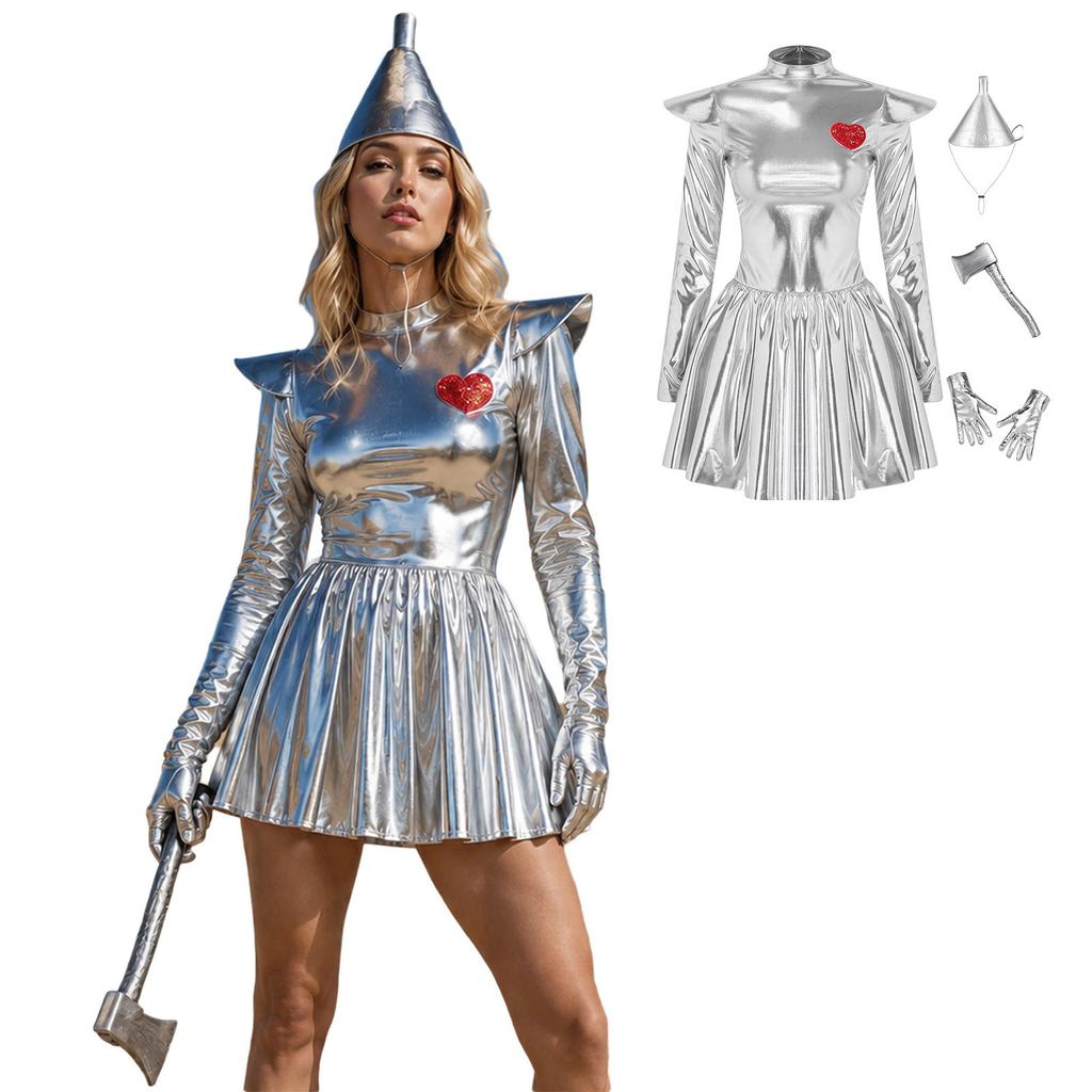Women Halloween Cosplay Dress Sequin Mock Neck Long Sleeve Shoulder Boards Back Invisible Zip Sequin Hearts Tulle Metallic with Hat Axe Gloves