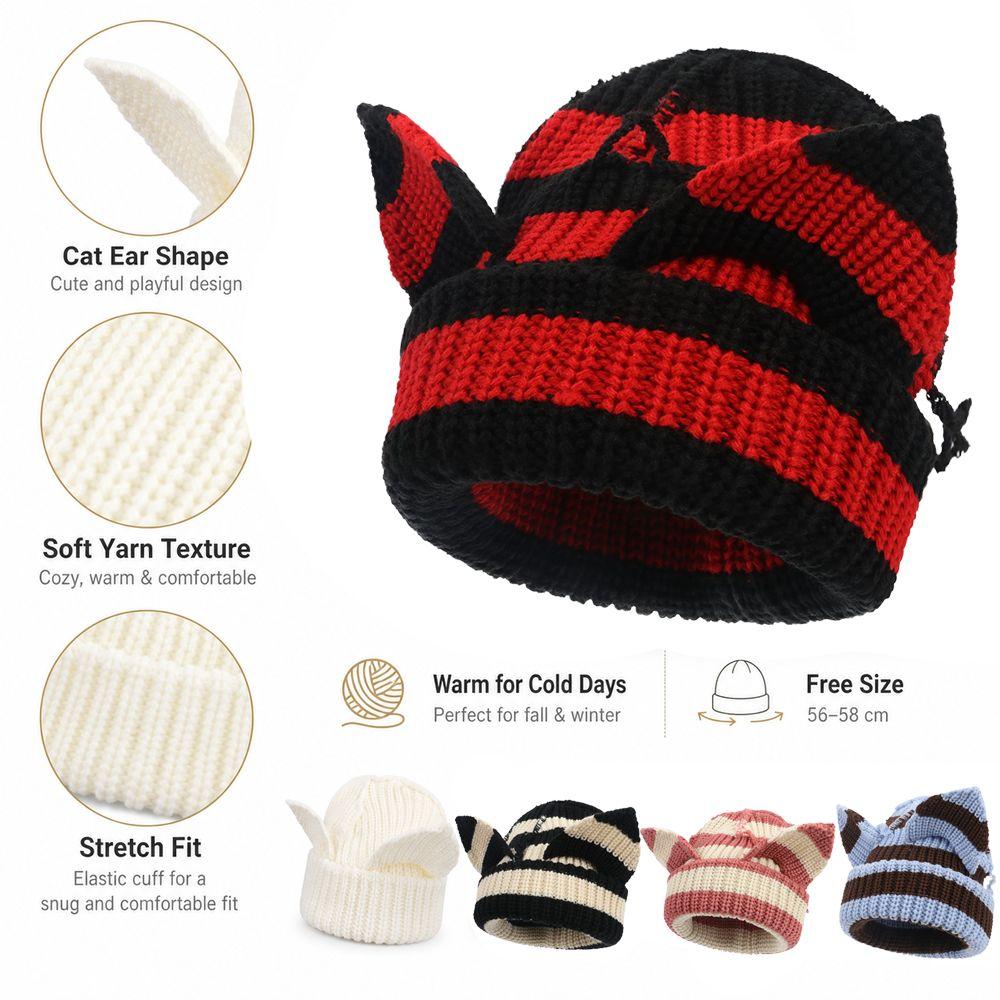 Stretchable Knit Cat Ear Beanie Yarn Striped Beanie Gifts Knitted Beanie Hat  Women and Men