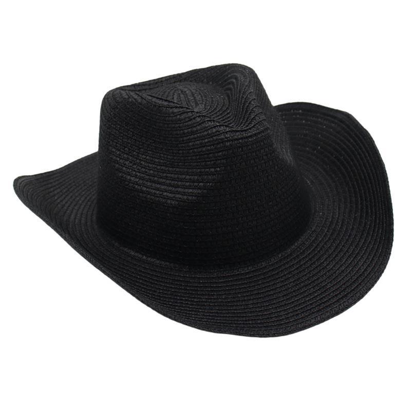 Adjustable Lightweight Wide Brim Solid Woven Panama Curled Straw Western Cowboy Visor Sun Hat With Accessories for Seaside Beach