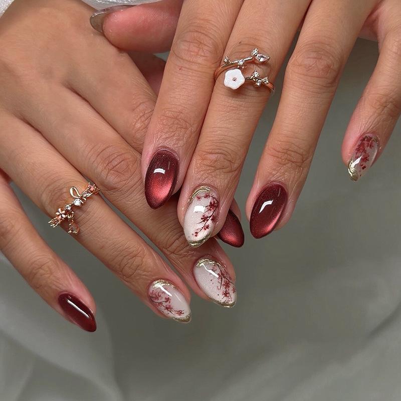 24Pcs Red Cat Eye Press On Nails Retro Gilded Rose Almond Short False Nails Set With Tools