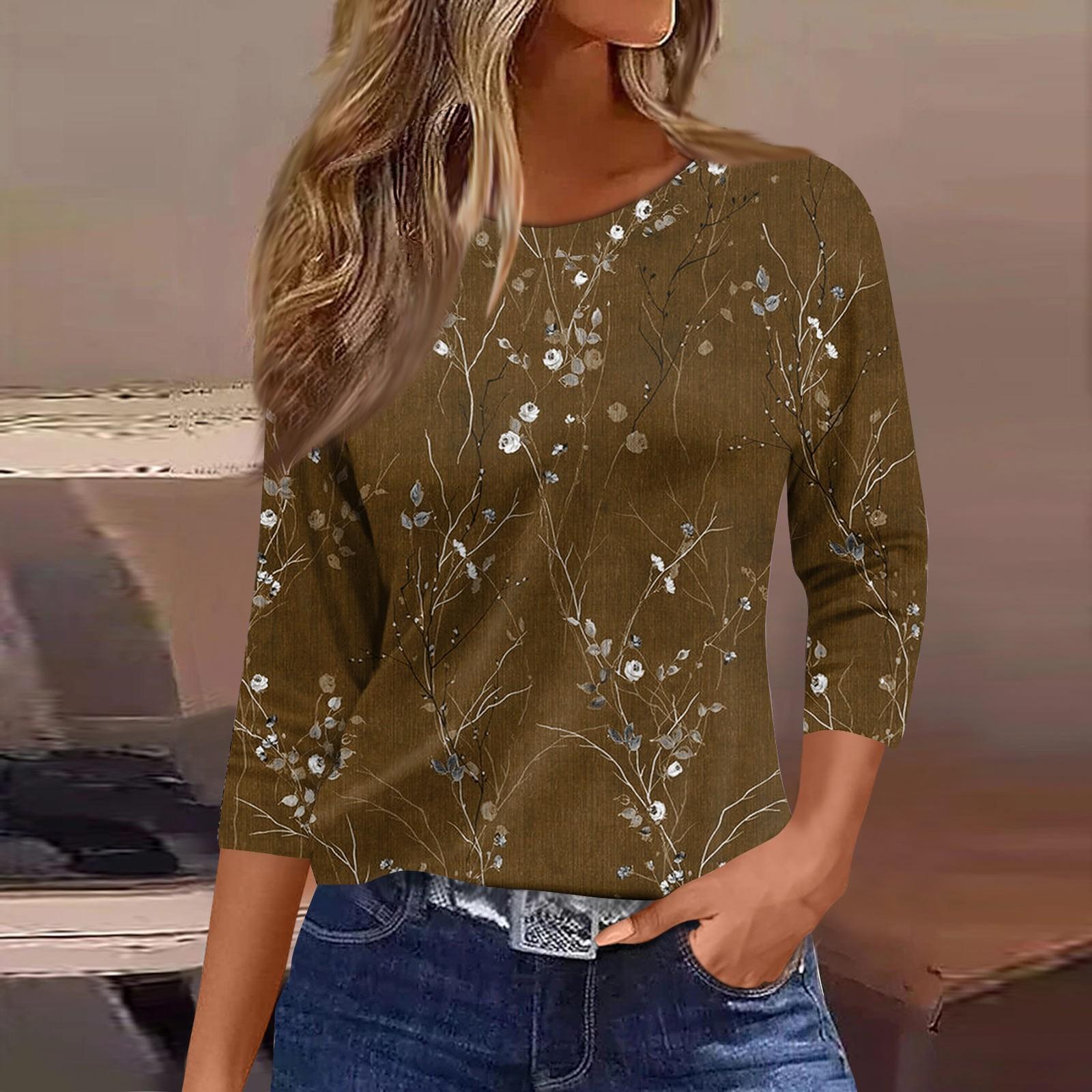 

Женская модная повседневная свободная футболка с круглым вырезом и рукавами 3/4 с принтом, женский топ M коричневый