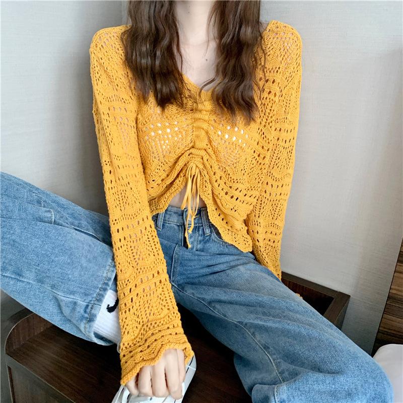 Hollow knitted sweater women's summer short drawstring v-neck lazy outside with sunscreen long-sleeved thin blouse top women