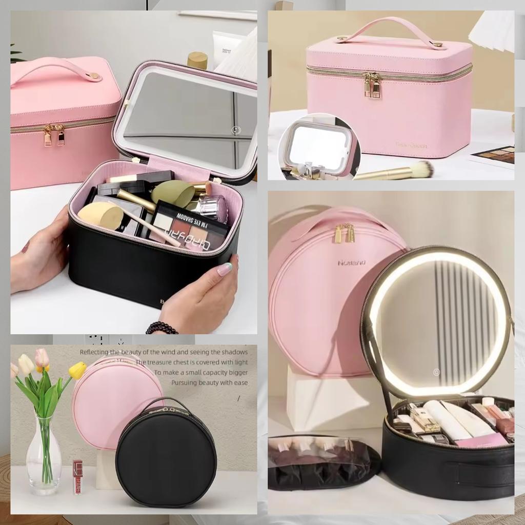 Travel PU Makeup Bag With Led Mirror Portable Cosmetic Case With Mirror And Light Travel Rechargeable Makeup Bag With Led Light