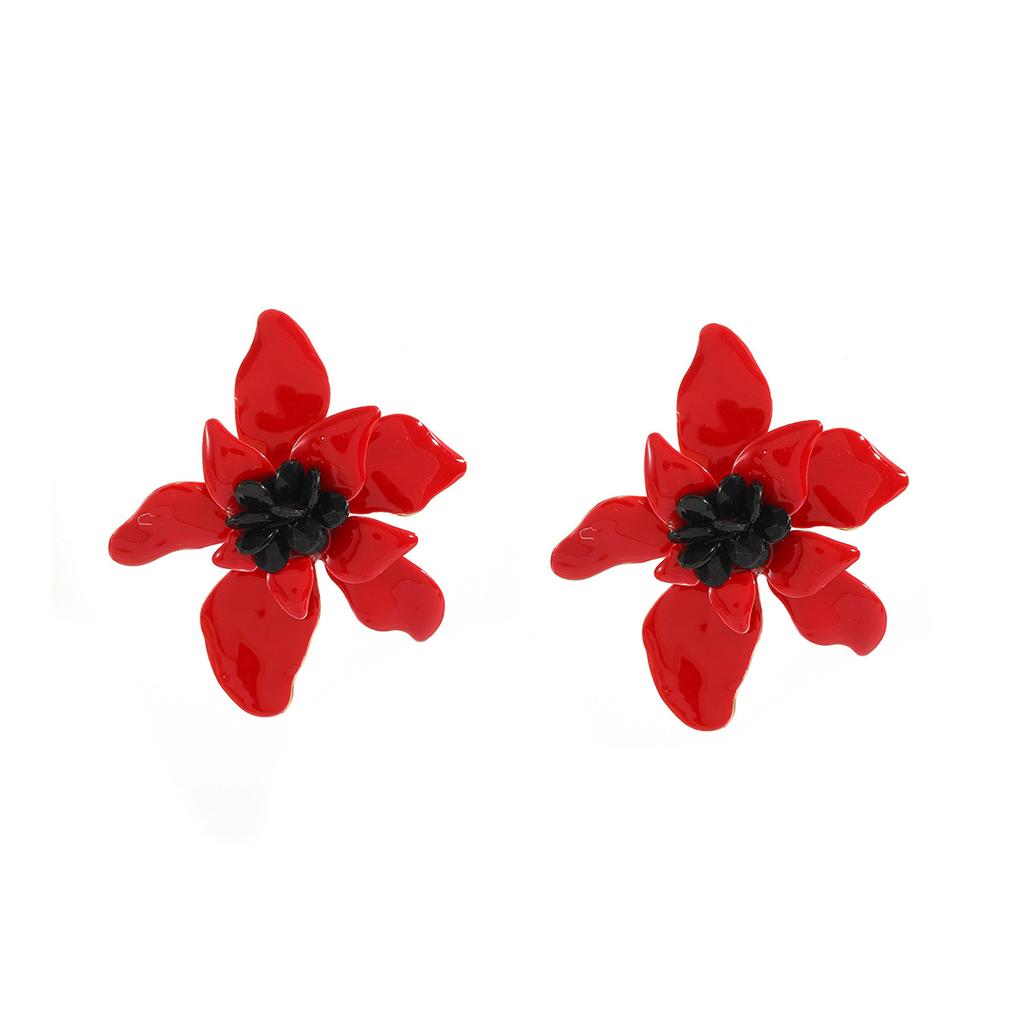 Retro three-dimensional floral earrings with large petals, red black core earrings with large flowers, summer vacation style