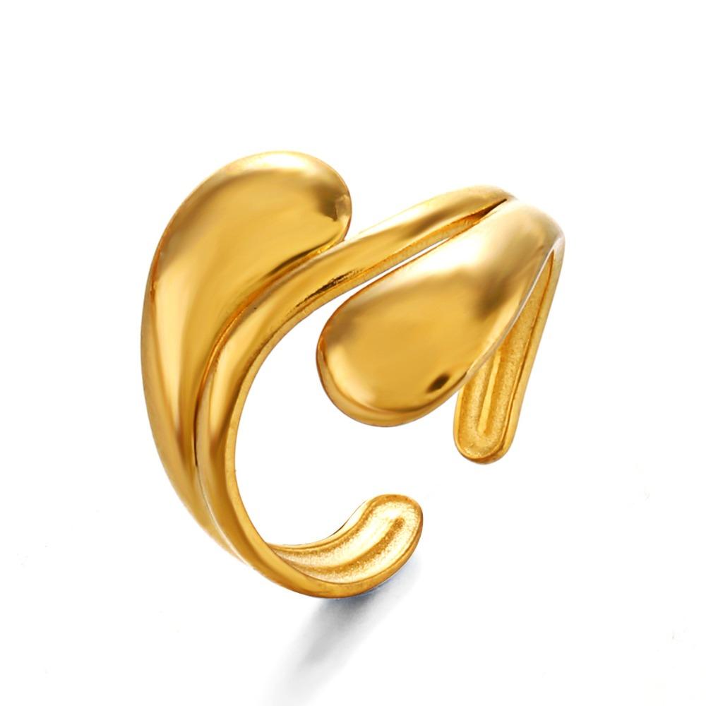 Fashion Minimalist Artistic Gold Color Stainless Steel Geometric Curved Teardrop Opening Rings for Women Daily Wear Jewelry Gift