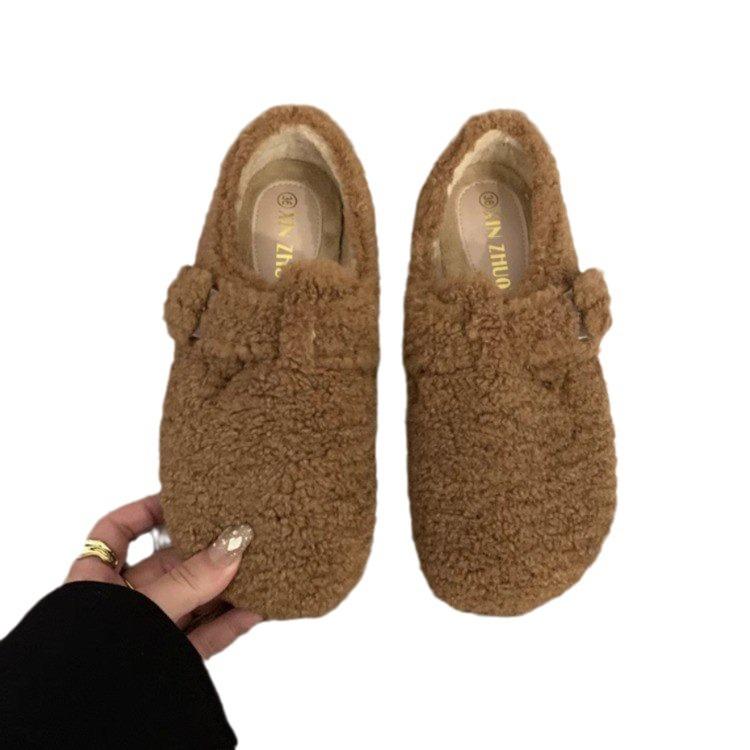 Inner heightening thick-soled lamb wool shoes for women to wear outside in winter, warm and velvet Boken shoes, one pedal, Doudou cotton shoes