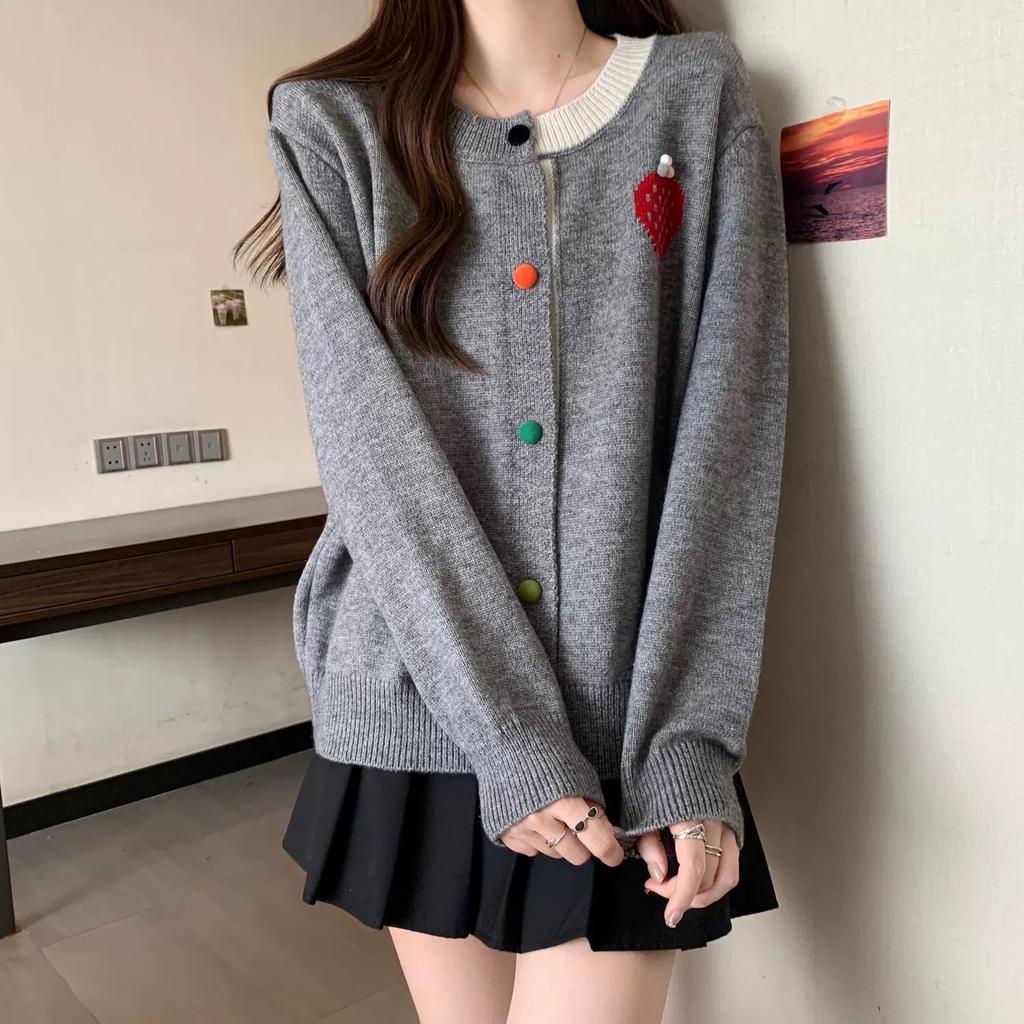 Korean Youthful Color Block Round Neck Strawberry Knit Cardigan Women Designer Sweater Top