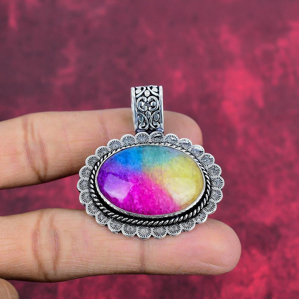 Pendentif en argent sterling massif 925 et quartz solaire arc-en-ciel, bijou fait main en pierres précieuses, cadeau pour femme.