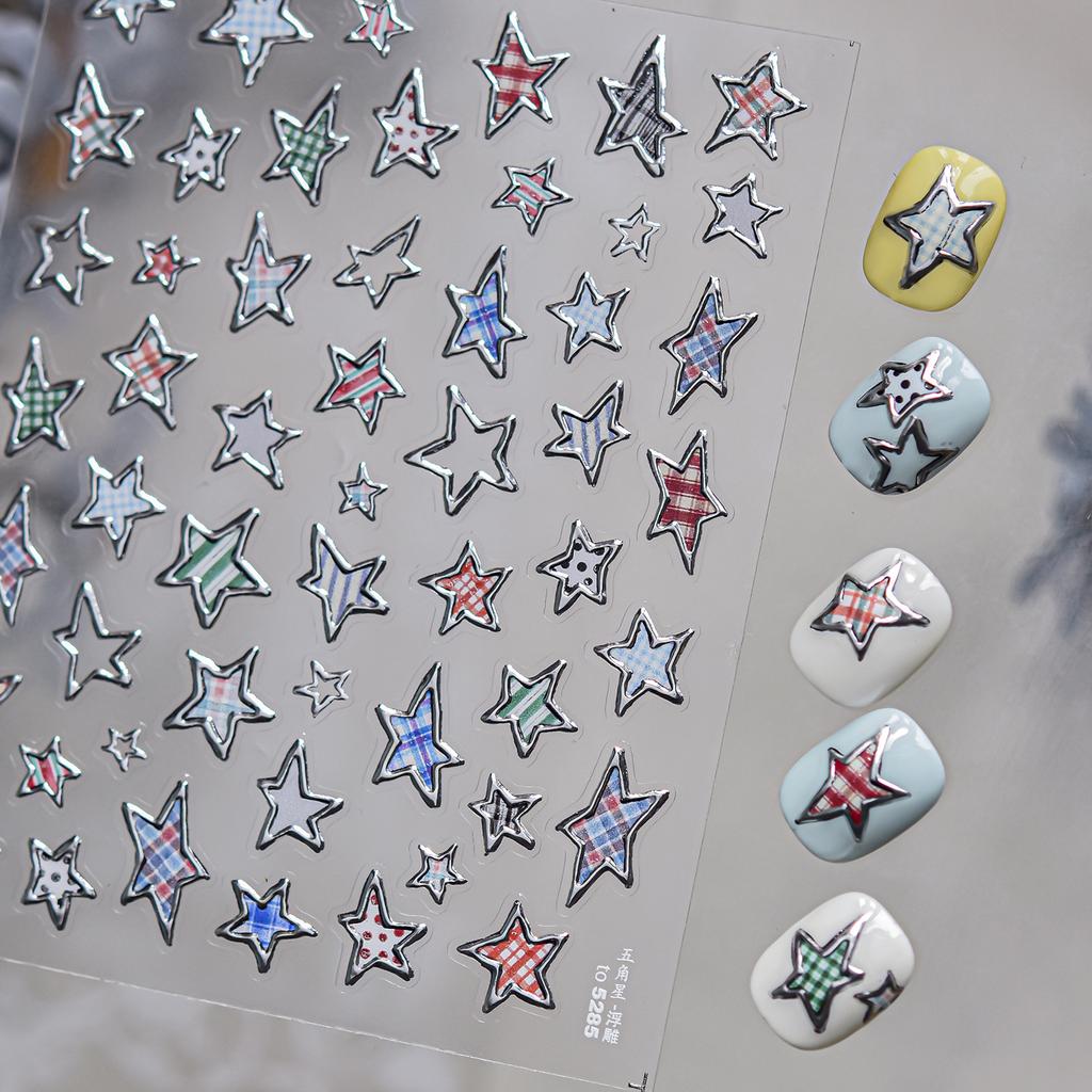 5D Bronzing Laser Pentagram Nails Sticker 3D Metallic Effect Exquisite Colorful Star Self Adhesive Nail Art Stickers Decals DIY