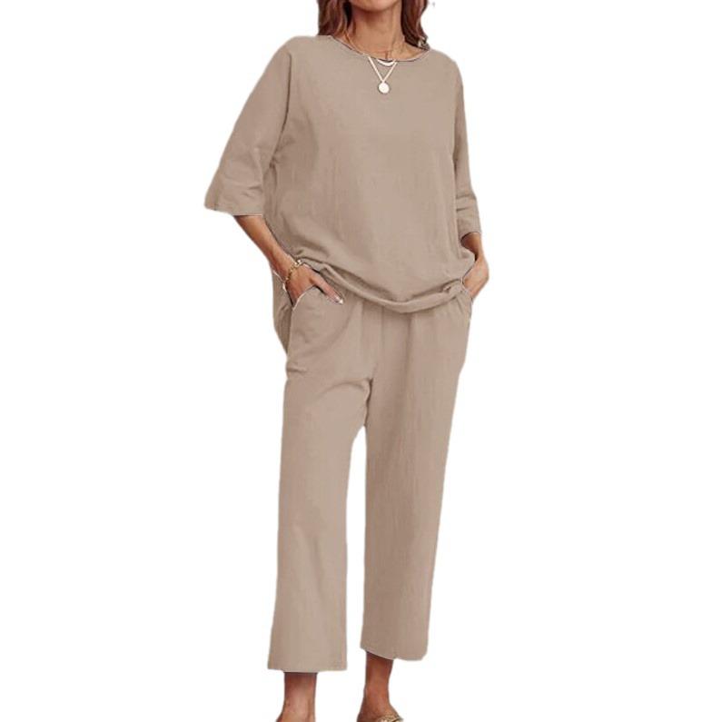 Summer 2024 European & American Women's Cotton Linen Two-Piece Casual Loose Suit