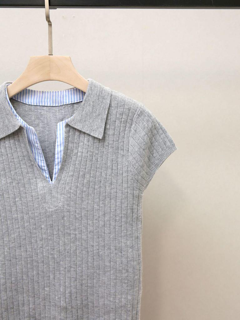 Nanyou Damen Minimalistischer Strickpullover mit Umlegekragen und kurzen Ärmeln - Herbst Neuankömmling, Vielseitiger Fake-Zweiteiler-Stil