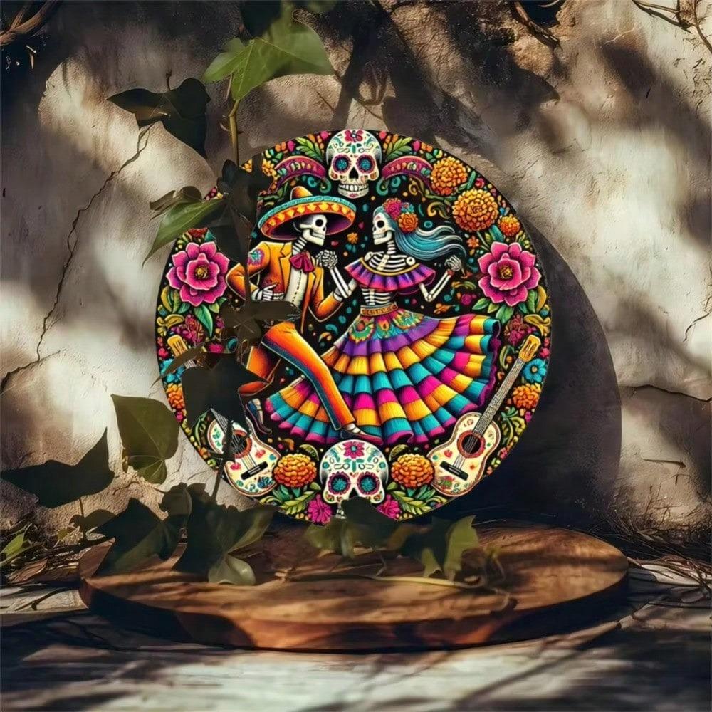 Mexican Folk Art Sugar Skull Iron Sign Vibrant Floral Skeleton Wall Decor