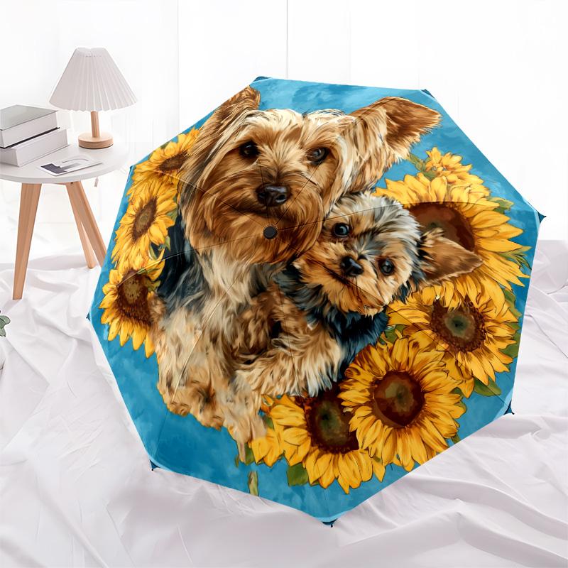 Sunflower Dog Pattern, Automatic Folding Umbrella, Portable and Foldable Design, 8 Ribs, a Christmas or Birthday Gift.