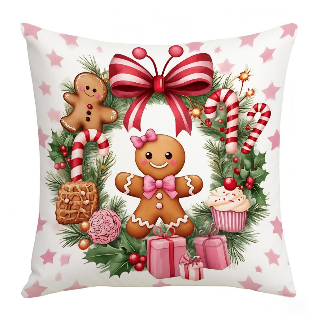 Christmas Gingerbread Man Pink Cushion Cover Letter Print Holiday Decoration Living Room Sofa Cushion Cover Cushion Cover