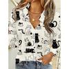 Cat Print Women Blouse Spring Autumn Femme Office Lady Button Up Turn Down Collar Shirts