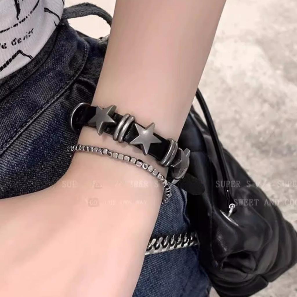 Punk Rock Y2K Dark Star Leather Bracelet Female Tide Sweet Cool Babes Niche Couple Men'S Jewelry Necklace Accessories