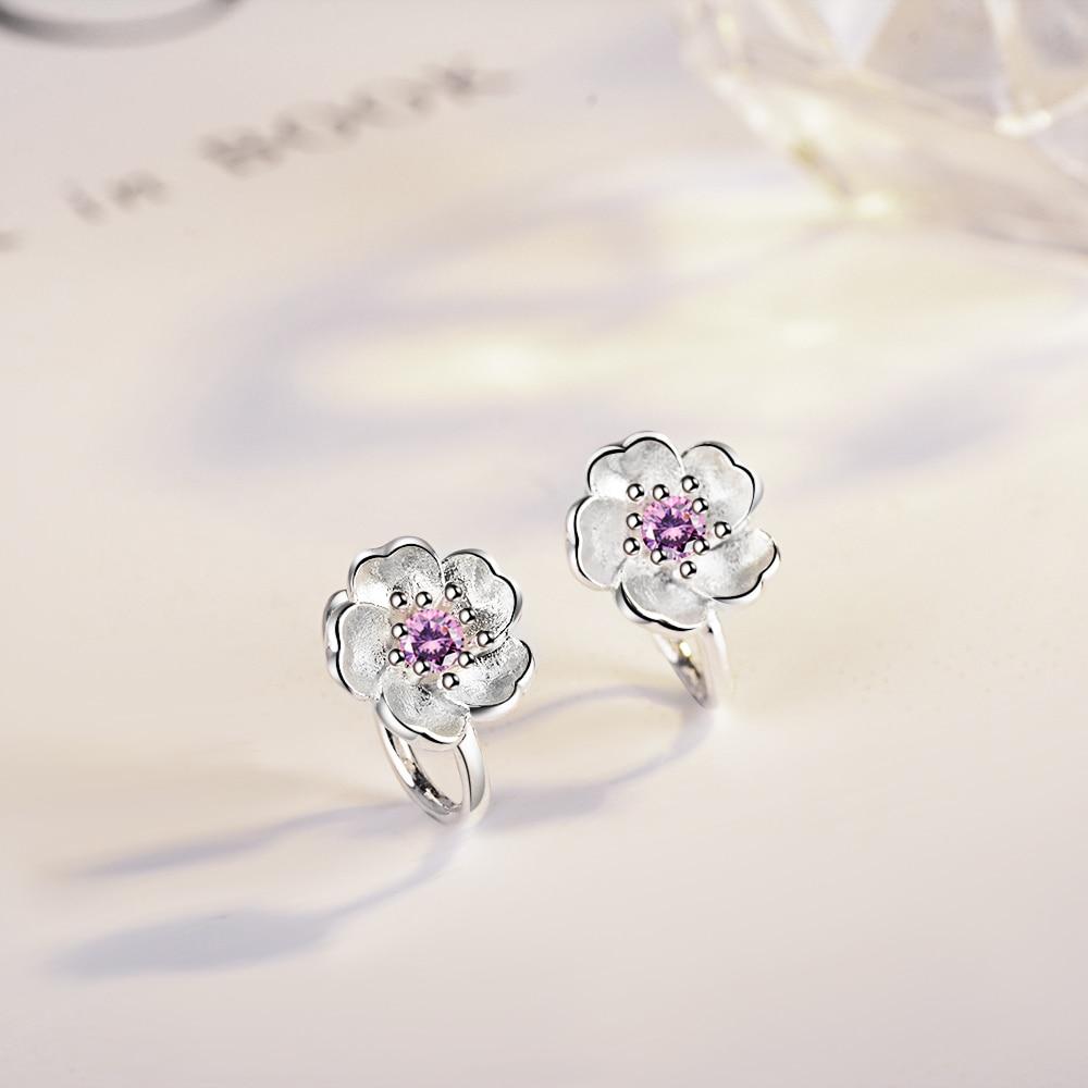 Cute 925 Sterling Silver Cherry Blossoms Flower Set Pink Cz Hoop Earring For Women Girls Kids Jewelry Orecchini Aros Aretes